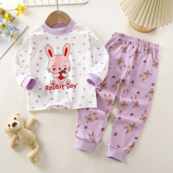 Cethrio Pajama Sets for Girls, Crew Neck Cotton 2-Piece Soft Outfit Set Purple Size 3-6 Months