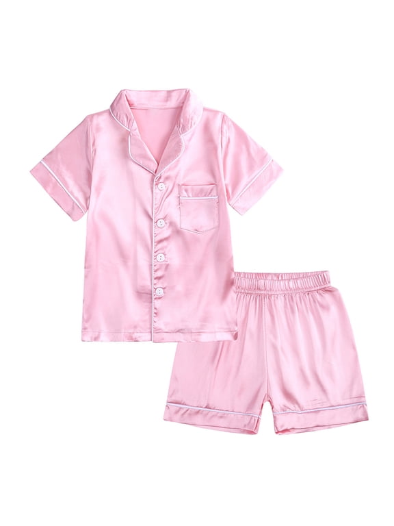Girls Pajama Sets, Solid Color Casual Polyester Short Sleeve Loungewear Clothes Pink Size 7 T