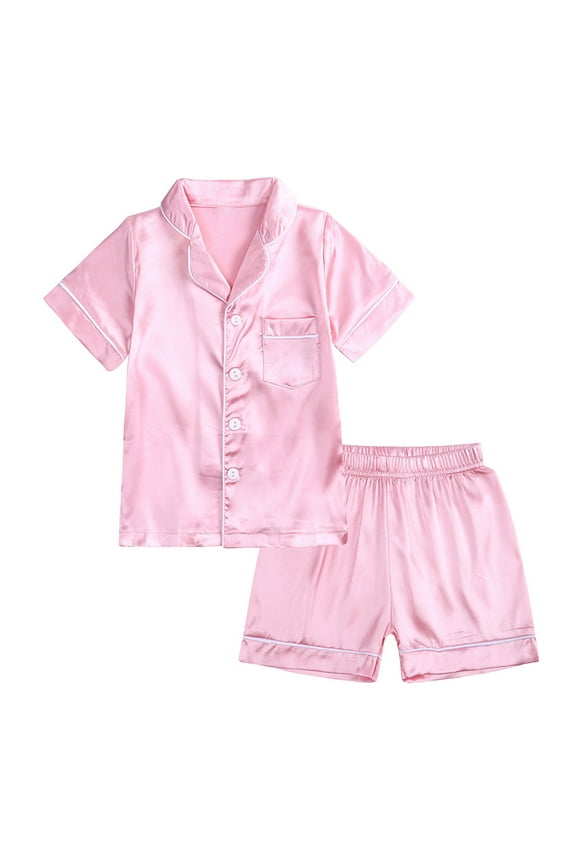 Pajama Sets for Girls, Short Sleeve Buttons 2 Piece Comfy Sleepwear Sets Pink Size 7-8 T