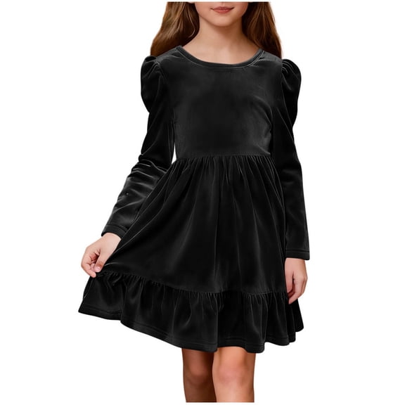Cethrio Party Dresses for Girl, Casual Crew Neck Birthday Long Sleeve Princess Dresses Black Size 14-16