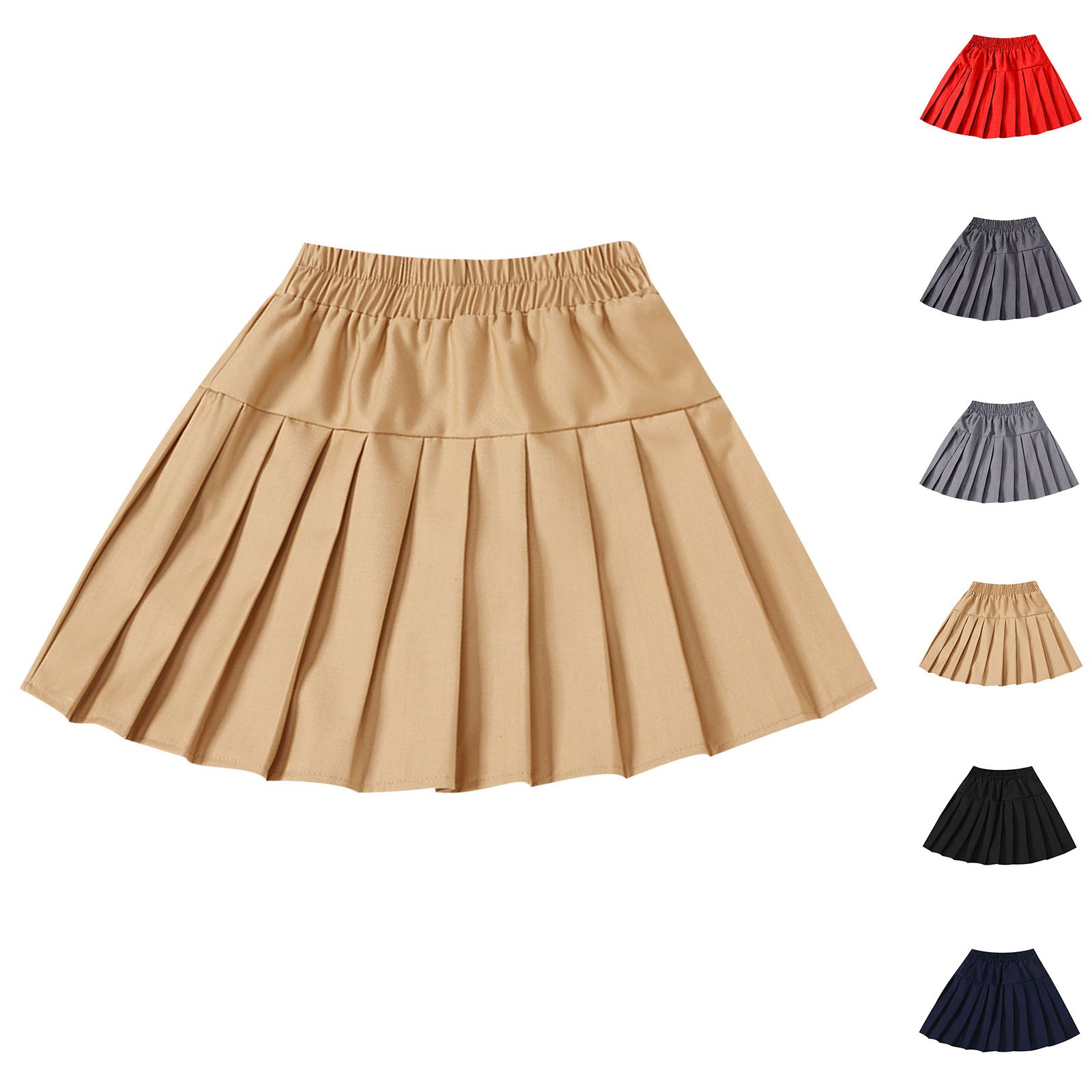 Cethrio Pleated Skirts for Girls, Summer Elastic Waist School Uniform Mini Skirts with Liner Khaki Size 10-12 T