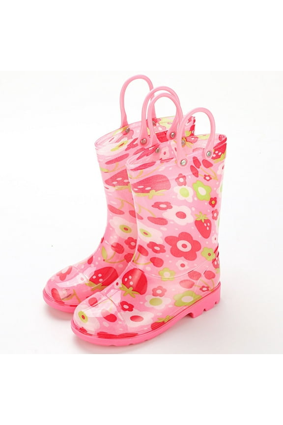 Rain Boots for Girls, Lightweight Printed Waterproof Non Slip Rainboots with Handles Pink Size 19