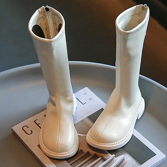 Cethrio Riding Boots for Girls, Knee High Low Heel PU Zipper Fall Winter Shoes Beige Size 10 Little Kids