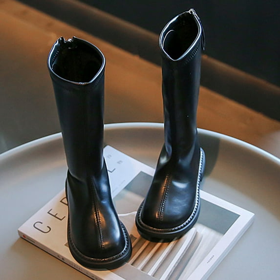 Cethrio Riding Boots for Girls, Zipper Low Heel PU Knee High Fall Winter Shoes Black Size 9.5 Little Kids