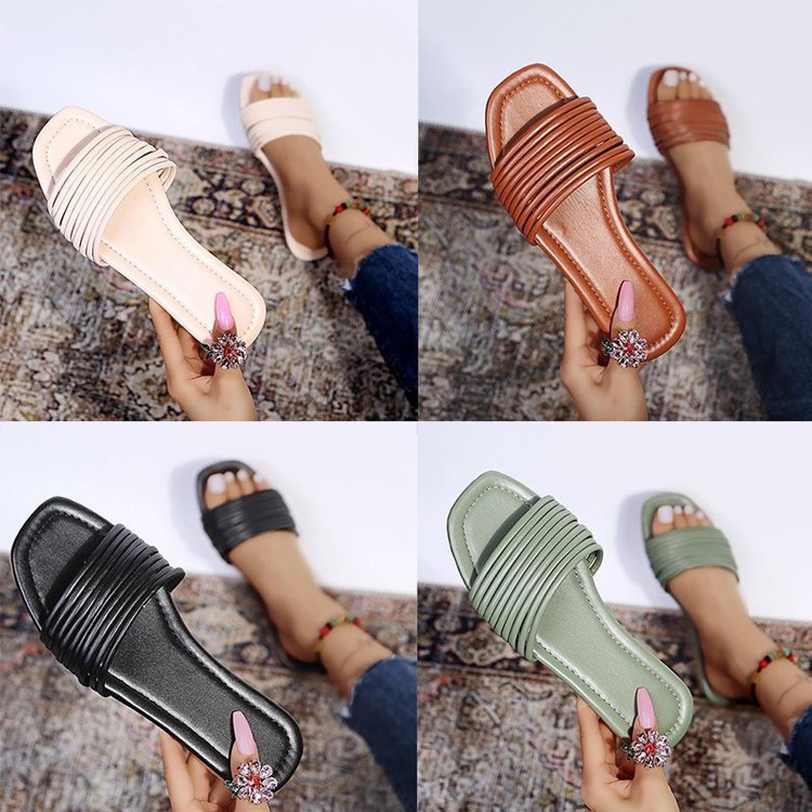 Cethrio Womens Summer Comfort Flats Sandals- on Clearance Wide Width Flat  Platform Black Dressy Sandals/ Slides Size 9