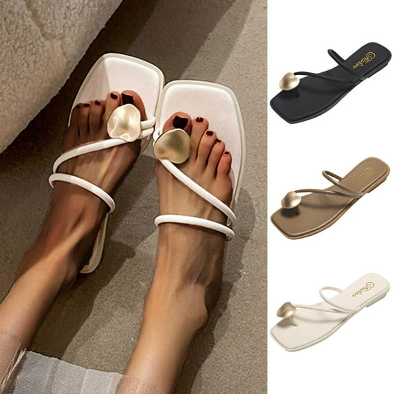 Cethrio Sandals for Women Flats Shoes- Wide Width 2025 Flat Slides Sandal Strap Square Toe Buckle Clip-Toe Beige Dressy Sandals/ Slides Size 6.5