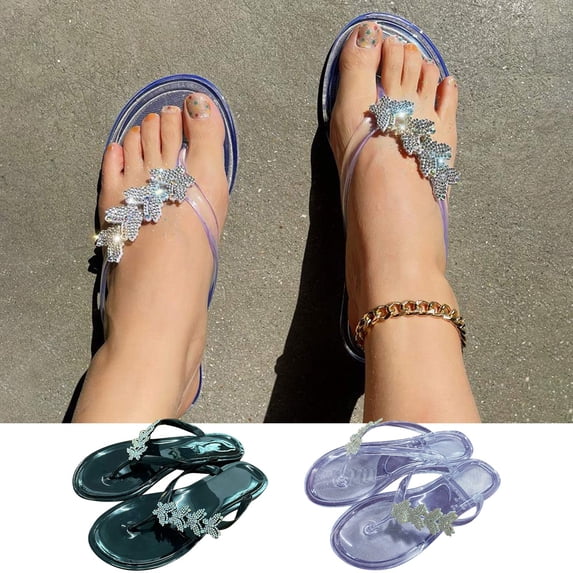 Cethrio Sandals for Women Flats Shoes- Wide Width Flat Slides Sandal Strap with Rhinestone Flip Flops Comfy Soles 2025 Clear Dressy Sandals/ Slides Size 9