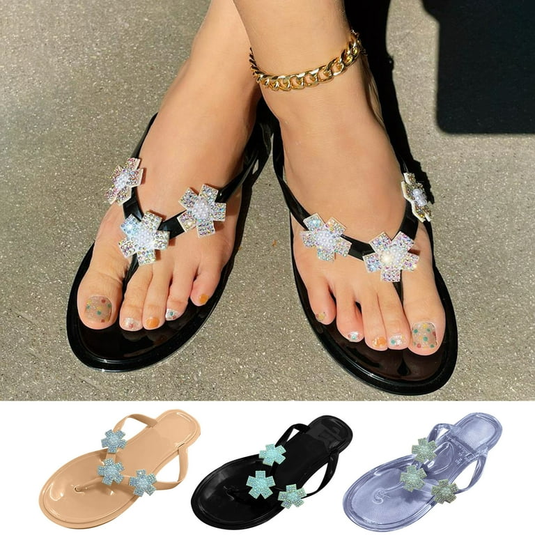 Cethrio Sandals for Women Flats Shoes- Flat Slides Sandal Flip Flops Flower  Comfy Soles on Clearance Wide Width Black Dressy Sandals/ Slides Size 7