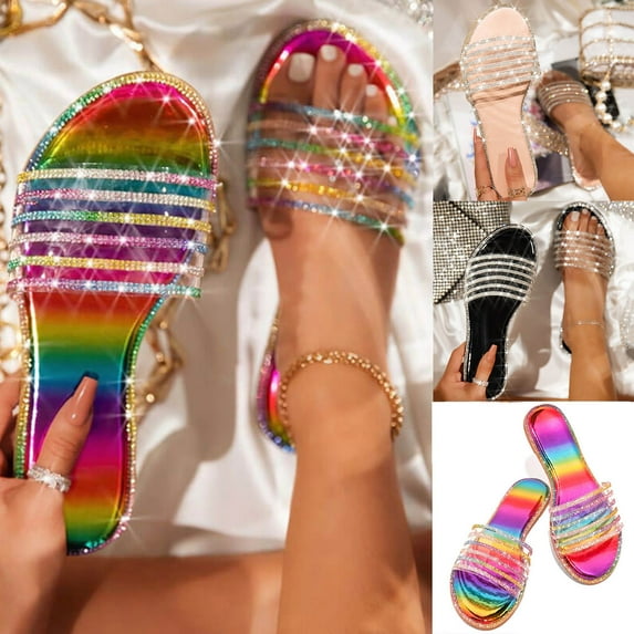 Cethrio Sandals for Women Flats Shoes- 2025 Flat Slides Sandal with Rhinestone Wide Width Multicolor Dressy Sandals/ Slides Size 7.5