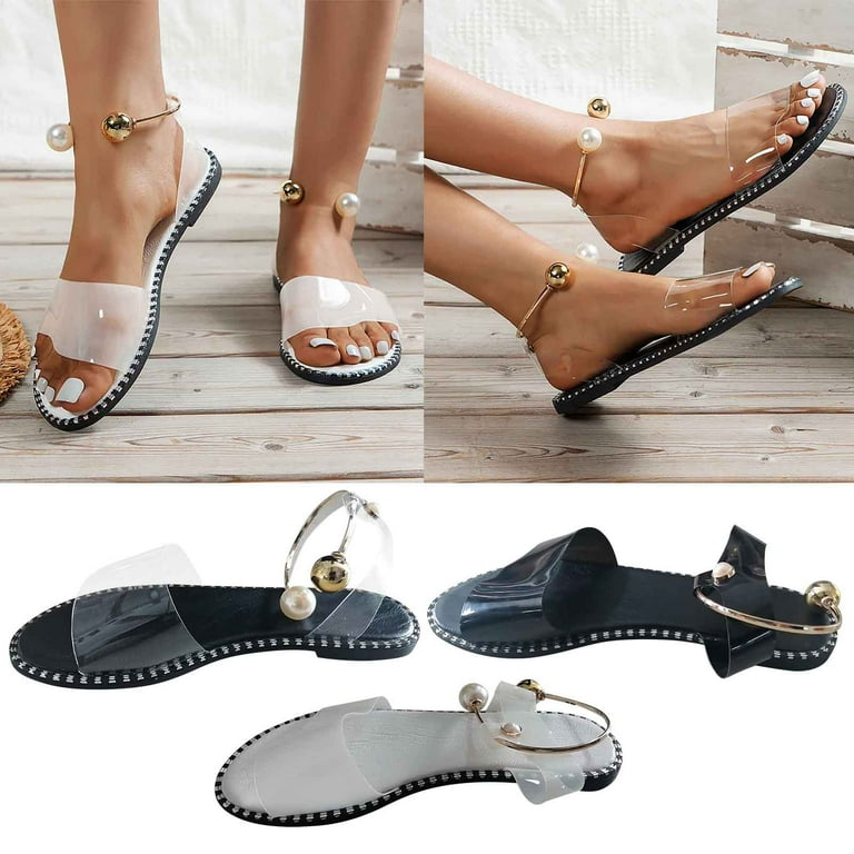 Cethrio Sandals for Women Flats Shoes with Pockets Flat Wide Width on Clearance Clear Dressy Sandals Slides Size 4.5