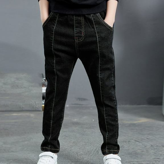 Cethrio Slim Straight Jeans for Boys, Casual Elastic Waist Stretch Pants with Pockets Black Size 3 T