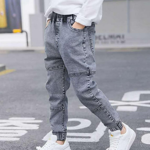 Cethrio Slim Straight Jeans for Boys, Denim Stretchy Elastic Waist Pants with Pockets Gray Size 5 T