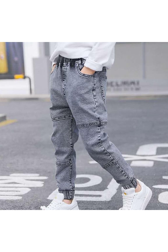 Slim Straight Jeans for Boys, Denim Stretchy Elastic Waist Pants with Pockets Gray Size 5 T