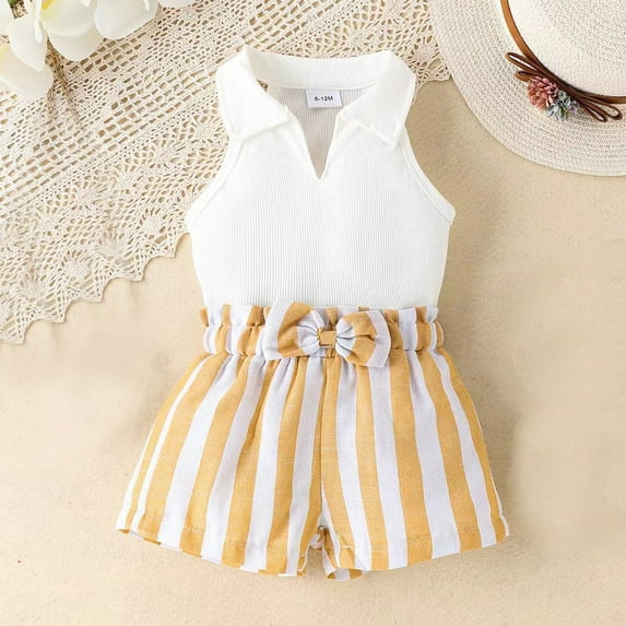 Wavsuf Solid Color Lapel Sleeveless Top Bow Striped Shorts 6M-3Y White Size 2Y