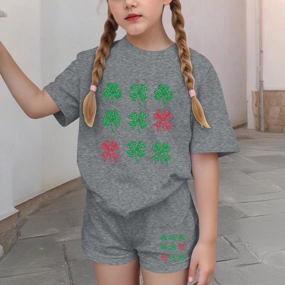 Cethrio St. Patrick's Day Outfit Sets for Girl, Summer Short Sleeve 2 Piece Girls' Clothing Sets Gray Size 8
