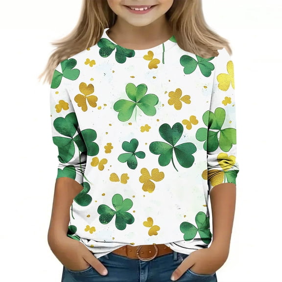 Cethrio St Patrick's Day T-shirts for Girl, Crew Neck Casual Printed Soft 3/4 Sleeve Tops Multicolor Size 7-8