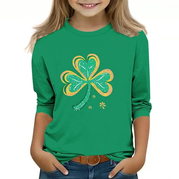 Cethrio St Patrick's Day T-shirts for Girl, Graphic Casual Crew Neck Party 3/4 Sleeve Tops Multicolor Size 10-12