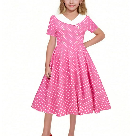 Cethrio Summer Dresses for Girls 2025, Short Sleeve Dancing Party Pleated Princess Dresses Hot Pink Size 7-8T