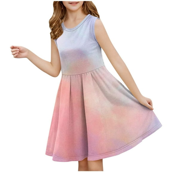 Cethrio Summer Dresses for Girls 2025, Sleeveless Birthday Dancewear Tie Dye Casual Dresses Red Size 7-8 T