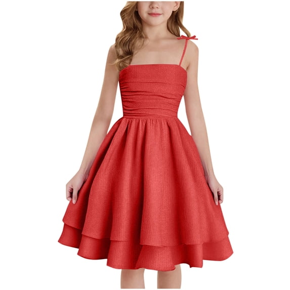 Cethrio Summer Dresses for Girls, Cotton Linen Party Ruffled Spaghetti Strap Midi Dresses Red Size 11-12T