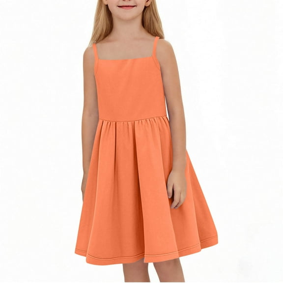 Cethrio Summer Dresses for Girls, Dance Spaghetti Strap Casual Party Midi Dresses Orange Size 9-10 T