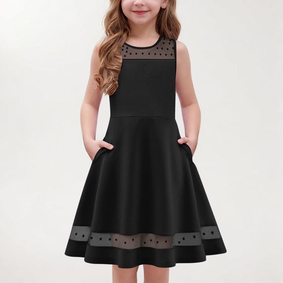 Cethrio Summer Dresses for Girls, Fashion Mesh Sleeveless Birthday Dresses with Pockets Black Size 12-13T