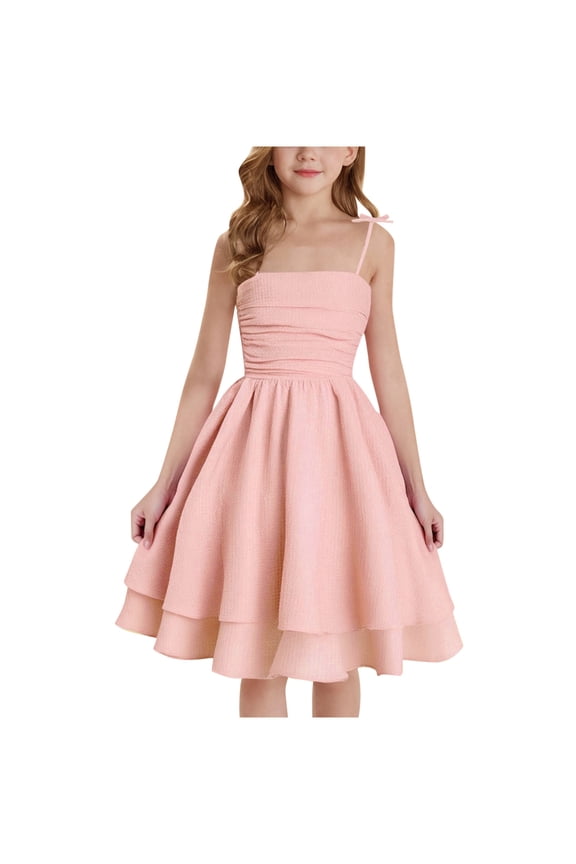 Summer Dresses for Girls, Party Spaghetti Strap Ruffled Cotton Linen Midi Dresses Pink Size 12-13T