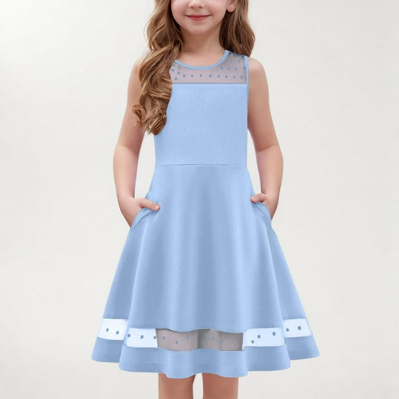 Cethrio Summer Dresses for Girls, Sleeveless Fashion Birthday Mesh Dresses with Pockets Light Blue Size 12-13T