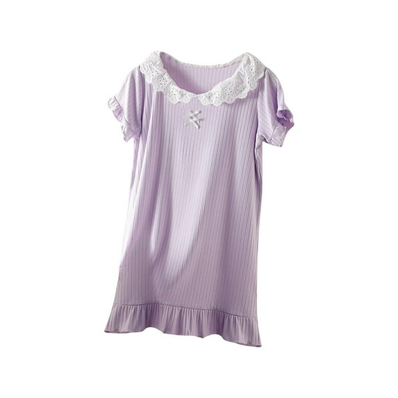 Cethrio Summer Nightgowns for Girls, Comfy Soft Casual Short Sleeve Sleepshirts Sleepdresses Purple Size 6 T