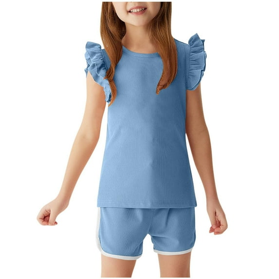 Cethrio Summer Outfit Sets for Kids Girls, Cotton Casual Flutter Sleeve T-shirts & Shorts Sets Blue Size 1T