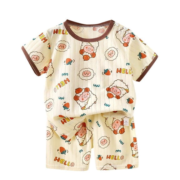 Cethrio Summer Pajama Sets for Kids Boys, 2 Piece Cotton Casual Comfy Boys' Sleepwear Beige Size 3-4T