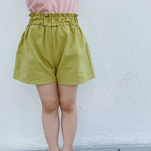 Cethrio Summer Shorts for Girls, Loose Elastic Waist Solid Color Girls Shorts Green Size 3-4 T