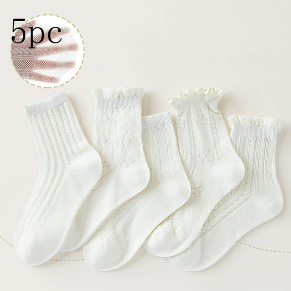 Cethrio Summer Socks for Kids Girls, 5 Pack Breathable School Cotton Ruffled Socks White Size 3-5 T