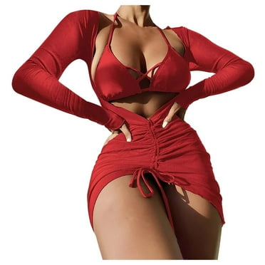Cethrio Swimsuit Women- Solid Strap Deep V Sexy Split Set Three-piece Swimming Suit Swimwear Red