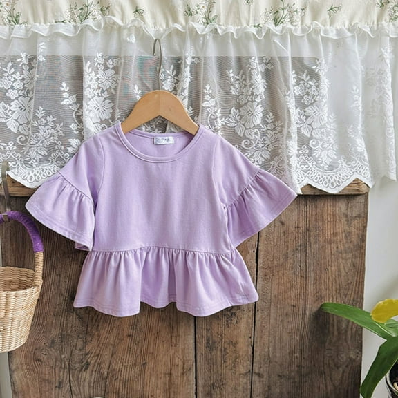 Cethrio T Shirts for Girls, Solid Color Short Sleeve Casual Cotton Summer Tops Purple Size 4-5 T