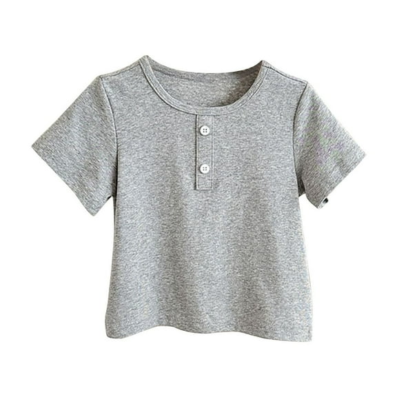 Cethrio T-Shirts for Kids Girls, Cotton Buttons Summer Short Sleeve Tops Gray Size 4-5 T
