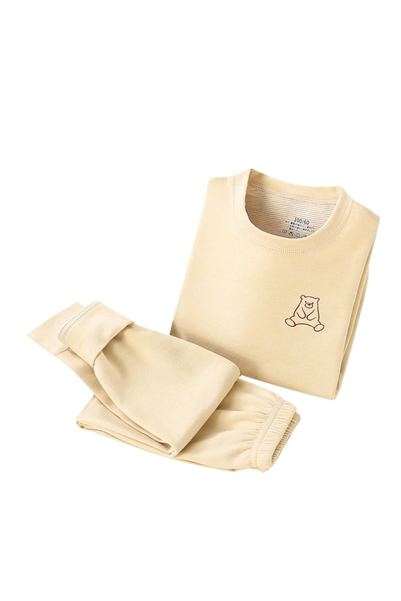 Thermal Pajama Sts for Kids, Cotton Crewneck Soft Warm Girls Boys Sleepwear Beige Size 12-14 T