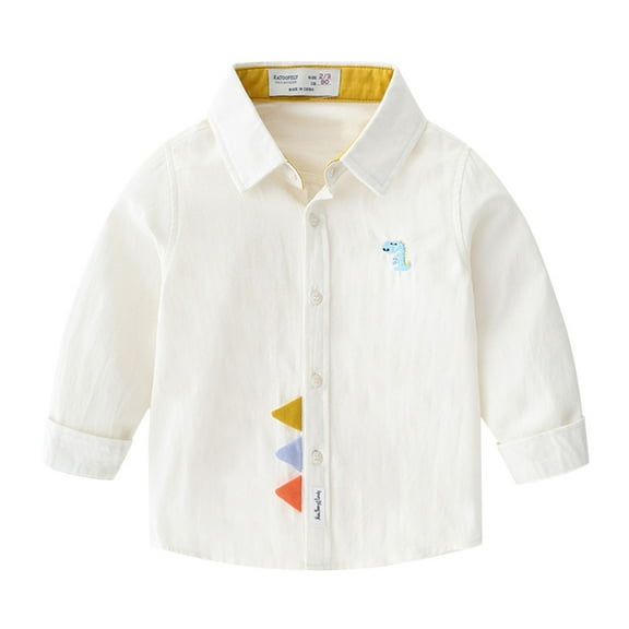 Cethrio Kids Boys Button Down Shirts, Casual Lapel Collar Cute Cotton Long Sleeve Shirts White Size 5 T