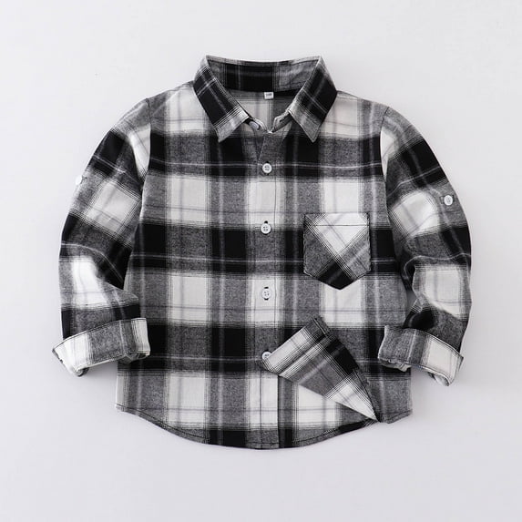 Cethrio Kids Boys' Button Down Shirts, Lightweight Long Sleeve Casual Collared Plaid Shirts Black Size 1-2T
