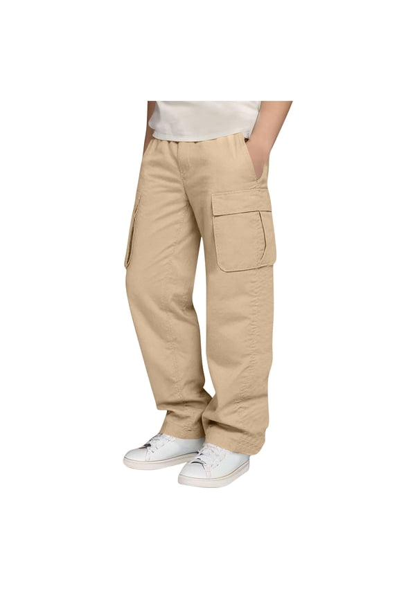 Kids Boys Cargo Pants, Casual Relaxed Fit Multi-pocket Elastic Waist School Pants Khaki Size 5T