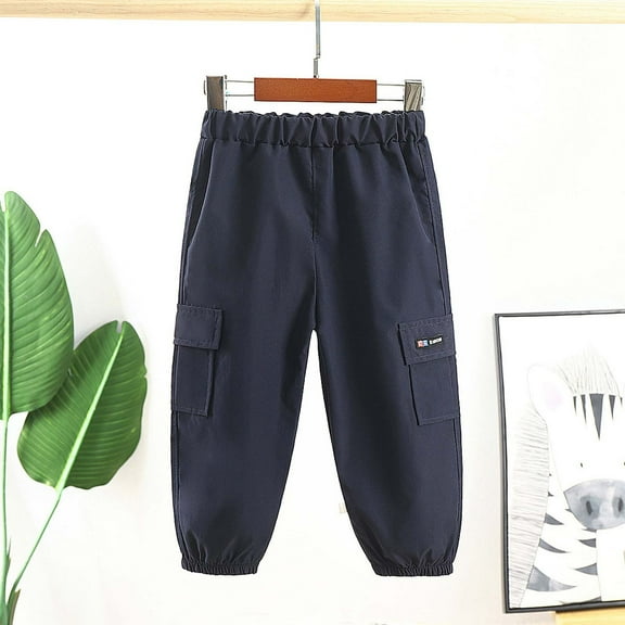 Cethrio Kids Boys Cargo Pants, Elastic Waist Casual Lightweight Pants with Pockets Dark Blue Size 4-5 T