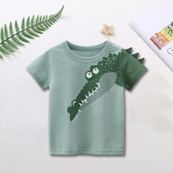 Cethrio Kids Boys Casual Shirts- Short Sleeve Crew Neck Fashion Printed Cotton Boys Summer Clothes Green Size 6T