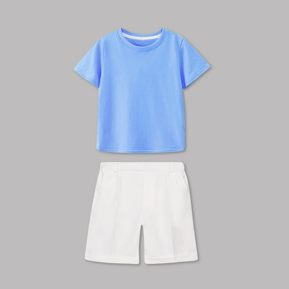 Cethrio Kids Boys Cotton Outfit Sets, Short Sleeve 2 Piece Summer T-shirts with Shorts Light Blue Size 5T