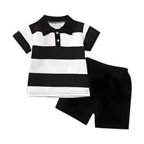 Cethrio Kids Boys Cotton Outfit Sets, Short Sleeve Stripe Summer Shirts and Shorts Set Black Size 5T
