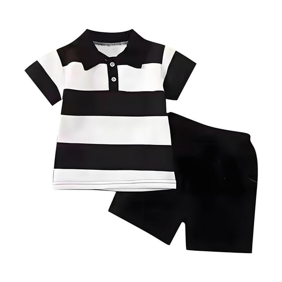 Cethrio Kids Boys Cotton Outfit Sets, Short Sleeve Stripe Summer Shirts and Shorts Set Black Size 5T