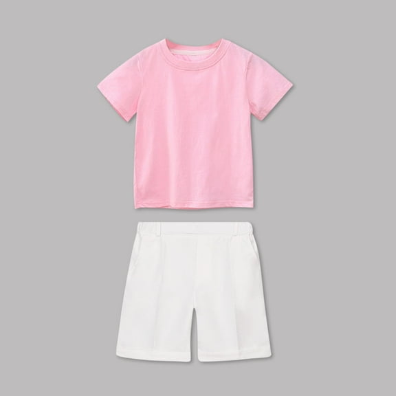 Cethrio Kids Boys Cotton Outfit Sets, Summer Short Sleeve 2 Piece T-shirts with Shorts Pink Size 1-2T