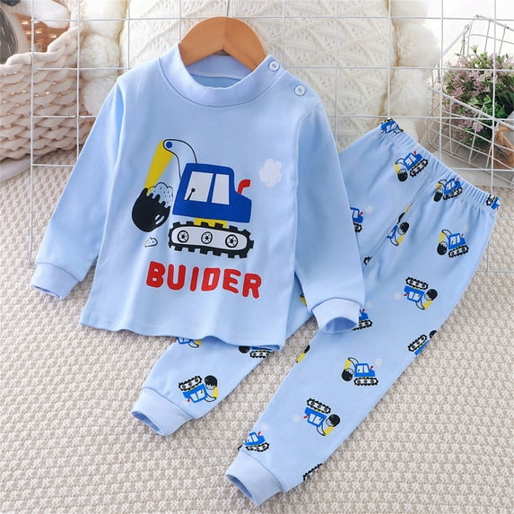 Cethrio Kids Boys Cotton Pajama Sets, 2 Piece Crewneck Soft Long Sleeve Boys' Sleepwear Blue Size 2-3 T