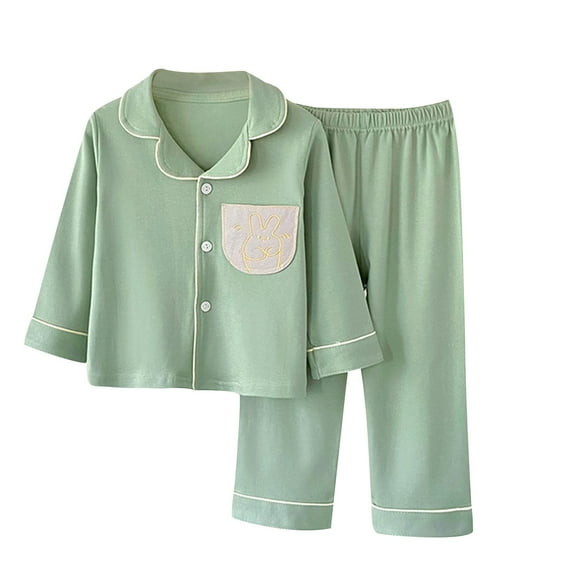 Cethrio Kids Boys Cotton Pajama Sets, Soft Long Sleeve Comfy Collared Boys' Sleepwear Sets Green Size 14-16