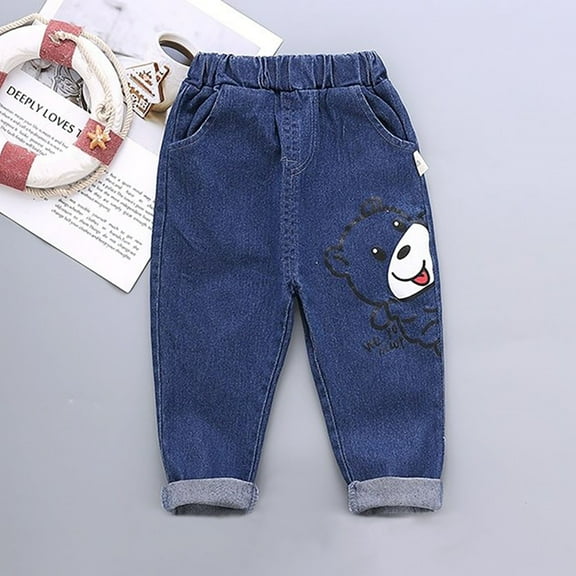 Cethrio Kids Boys Denim Pants- Elastic Waist Cotton Printed Fashion Long Jeans Dark Blue Size 4T