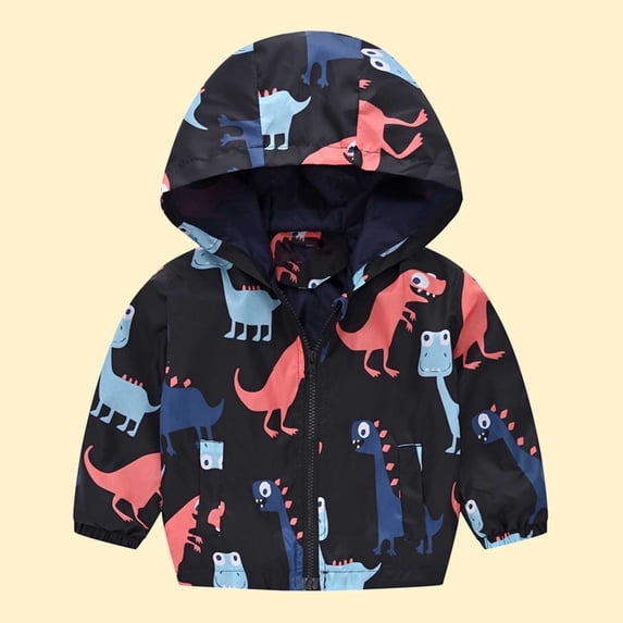 Cethrio Kids Boys Girls Jacket with Hooded, Lightweight Zip up Printed Kids Outerwear Black Size 3-4T